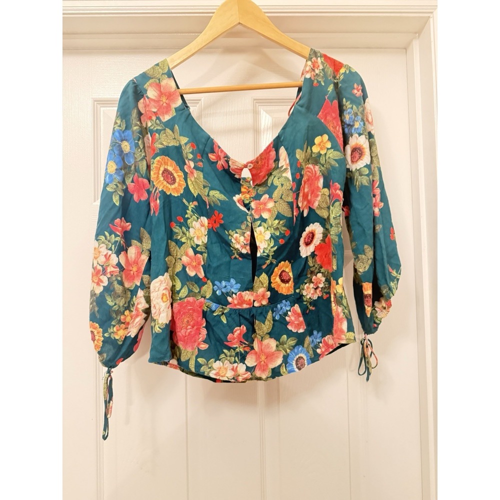 Farm Rio Blouse Womens Small Teal Floral Peplum Button Front Tie Cuff Top
